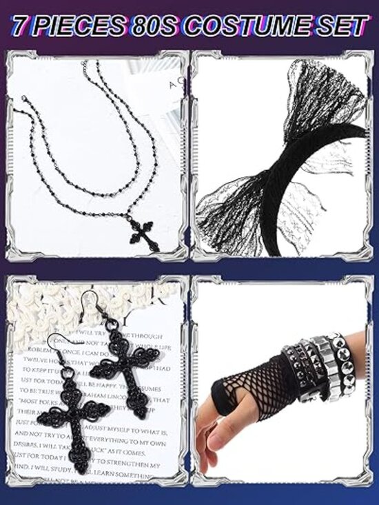 7 Pcs 80s Women Costume Accessories Halloween Leather Punk Bracelet Black Cross main image 4